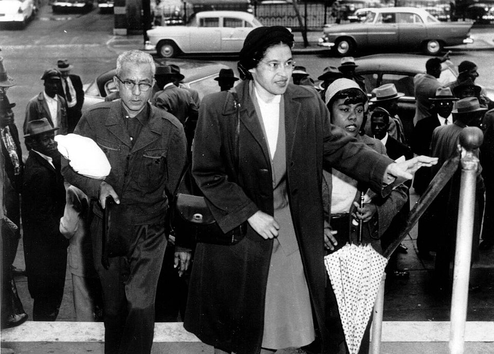 Rosa Parks arriving at court in Montgomery, Alabama, in 1956.