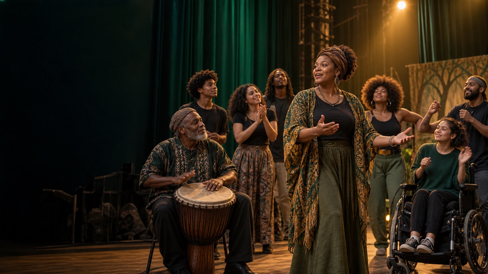 An inclusive ensemble rehearsing theatre and music