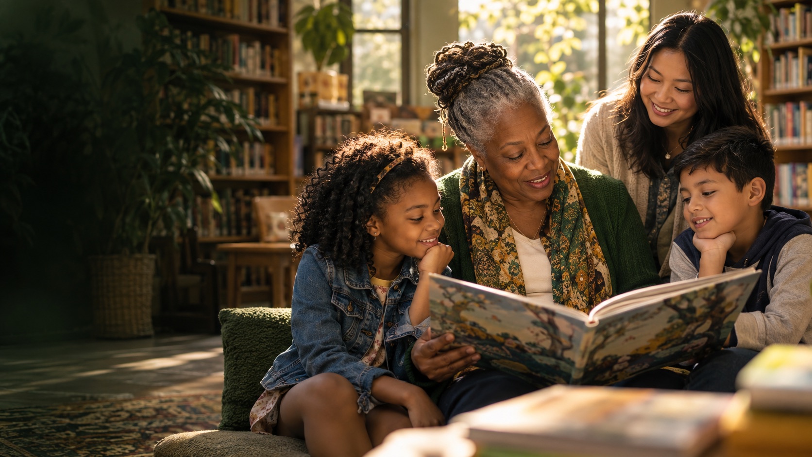 An older reader, children and a volunteer sharing a book